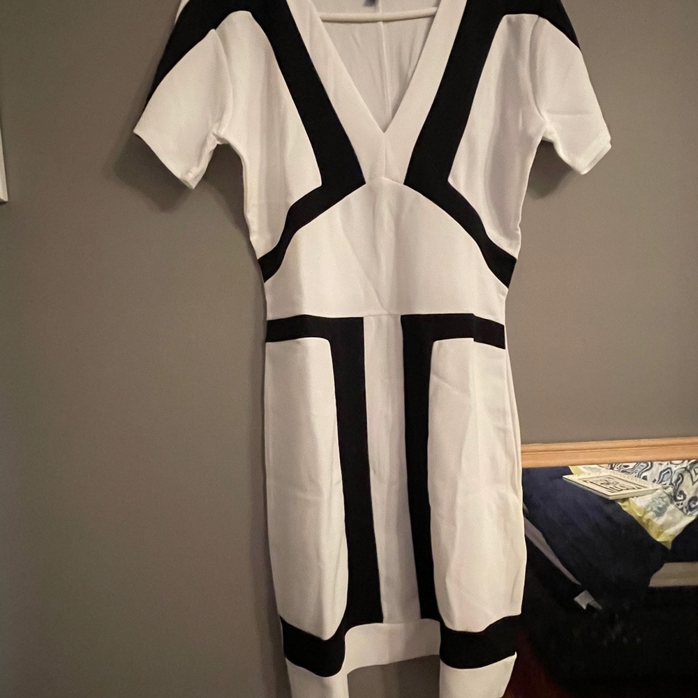 Women Ivory & Black panel v-neck bodycon dress